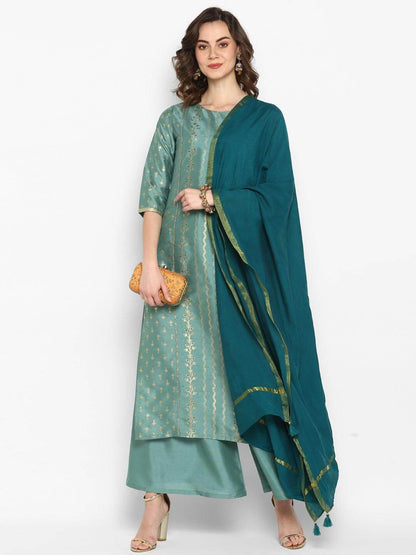 Light Green Poly Silk Foil Print Kurta Palazzo Dupatta Set with Gota Patti Detailing for Women