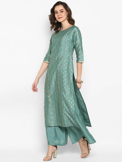 Light Green Poly Silk Foil Print Kurta Palazzo Dupatta Set with Gota Patti Detailing for Women