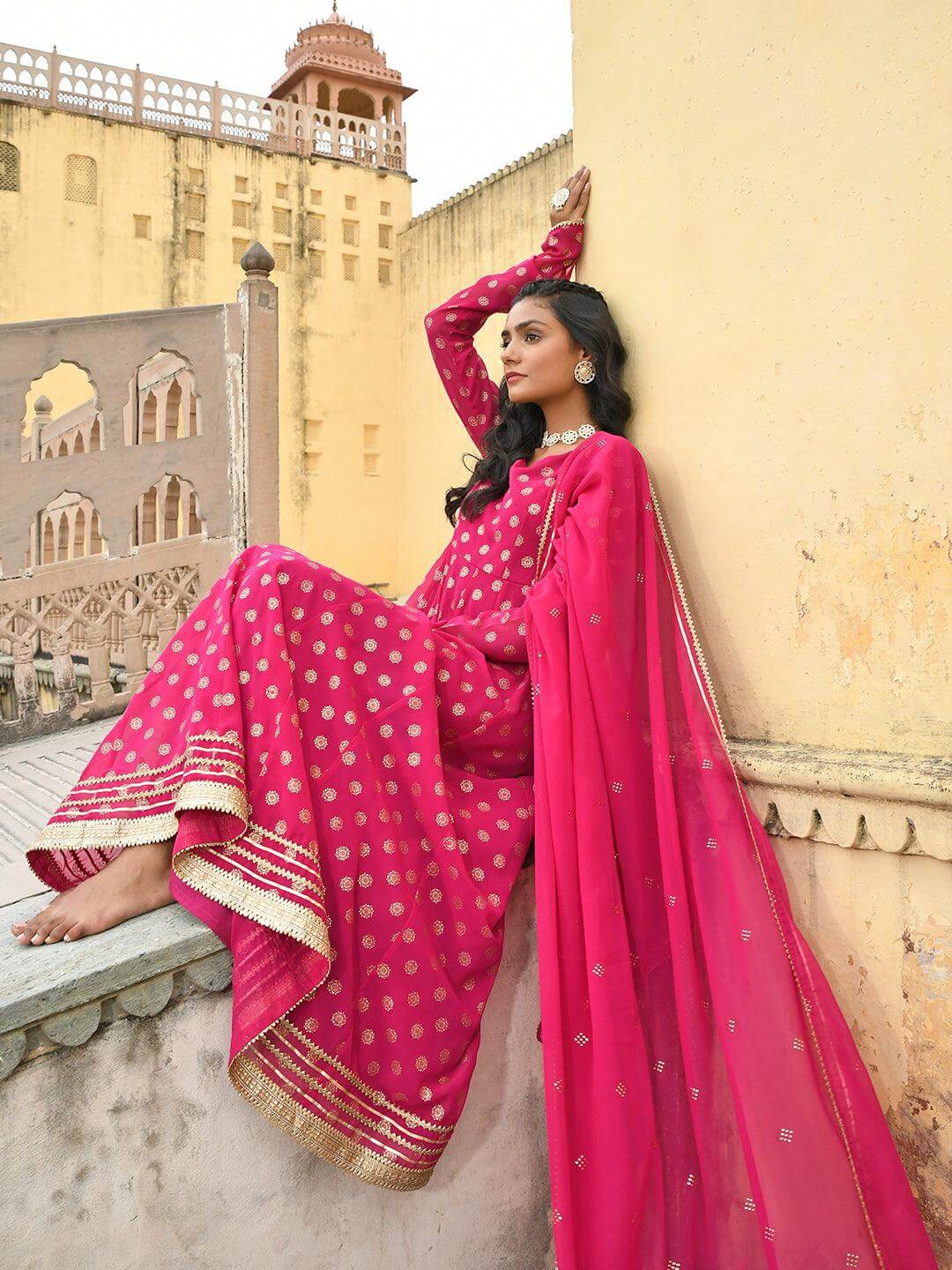 Bright Pink Georgette Foil Printed Anarkali with Gota Patti Work and Georgette Dupatta for Women