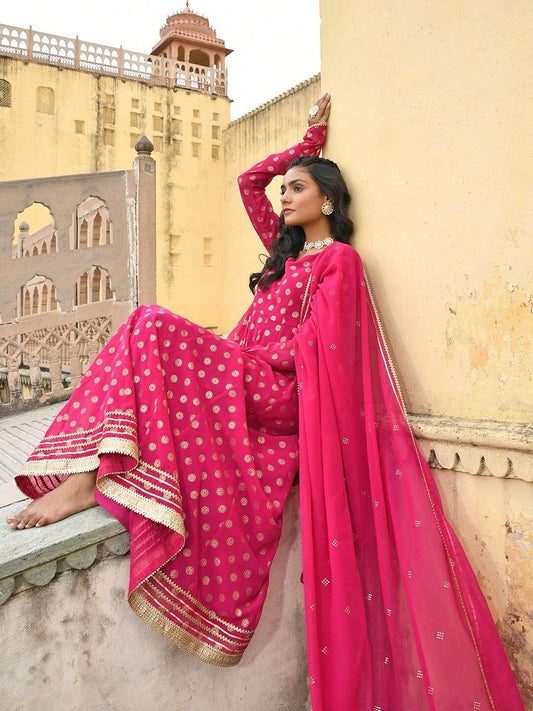Bright Pink Georgette Foil Printed Anarkali with Gota Patti Work and Georgette Dupatta for Women