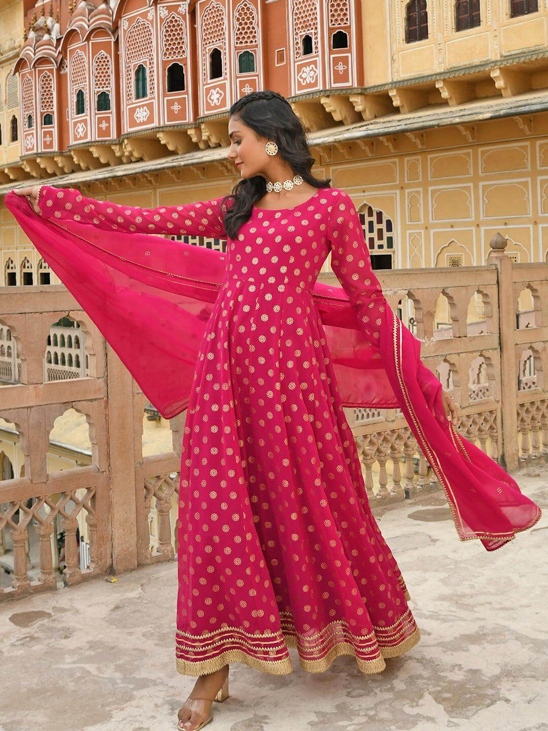 Bright Pink Georgette Foil Printed Anarkali with Gota Patti Work and Georgette Dupatta for Women