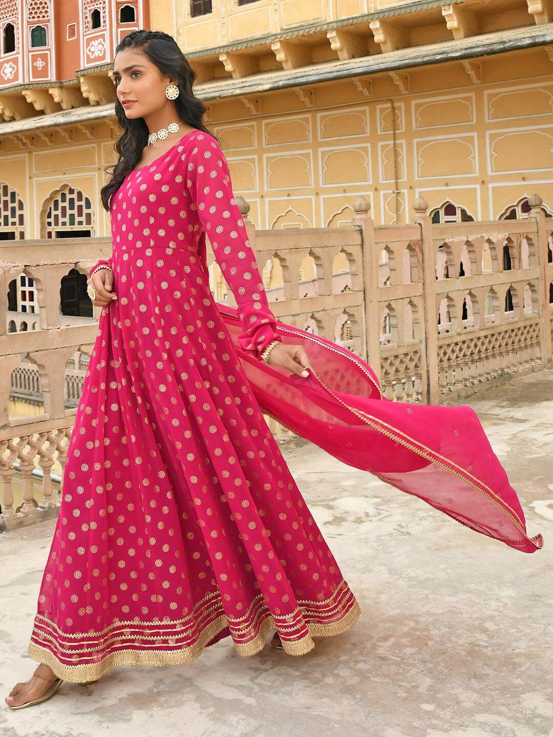 Bright Pink Georgette Foil Printed Anarkali with Gota Patti Work and Georgette Dupatta for Women