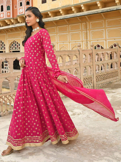 Bright Pink Georgette Foil Printed Anarkali with Gota Patti Work and Georgette Dupatta for Women
