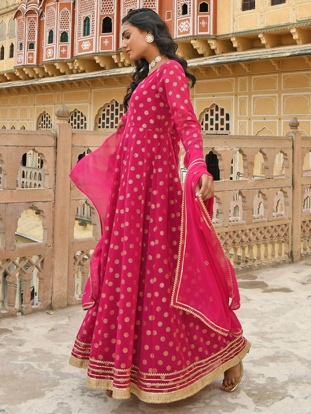 Bright Pink Georgette Foil Printed Anarkali with Gota Patti Work and Georgette Dupatta for Women