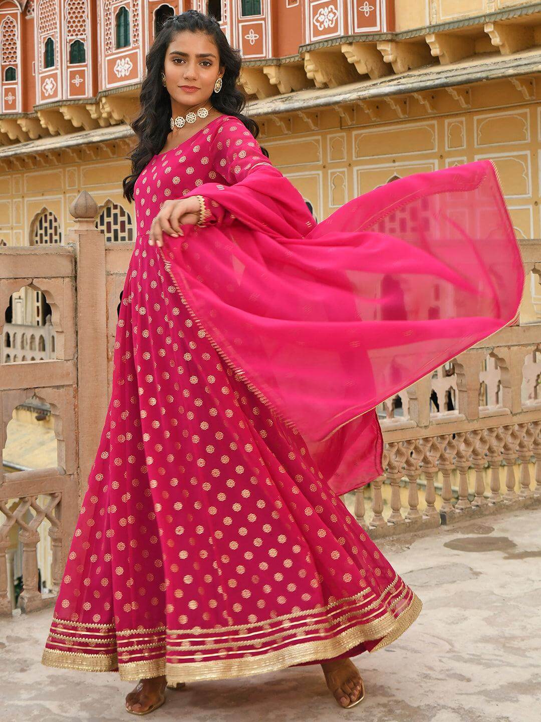 Bright Pink Georgette Foil Printed Anarkali with Gota Patti Work and Georgette Dupatta for Women