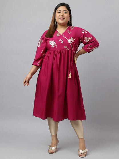 Plus Size Magenta Poly Crepe Foil Floral Print Angrakha Kurta – 4XL, 5XL, 6XL