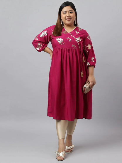 Plus Size Magenta Poly Crepe Foil Floral Print Angrakha Kurta – 4XL, 5XL, 6XL