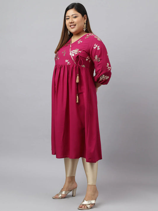 Plus Size Magenta Poly Crepe Foil Floral Print Angrakha Kurta – 4XL, 5XL, 6XL