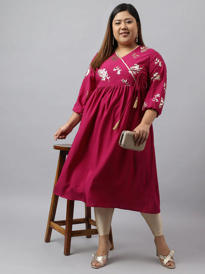 Plus Size Magenta Poly Crepe Foil Floral Print Angrakha Kurta – 4XL, 5XL, 6XL