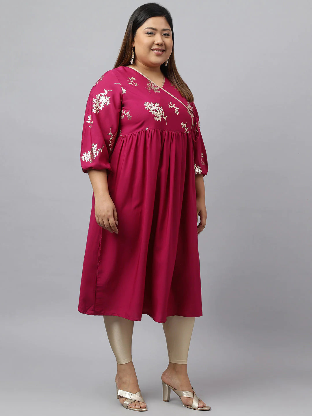 Plus Size Magenta Poly Crepe Foil Floral Print Angrakha Kurta – 4XL, 5XL, 6XL