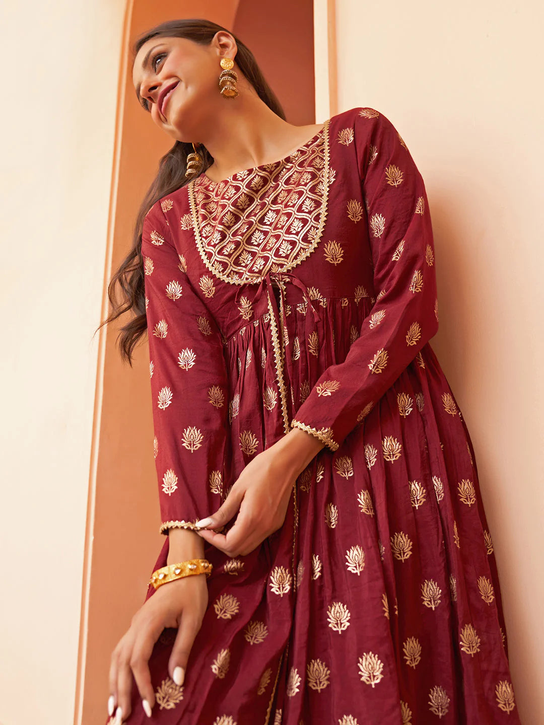 Maroon Brocade Palazzo with Embroidered Jacket and Kurta Set for Women – Festive Ethnic Wear