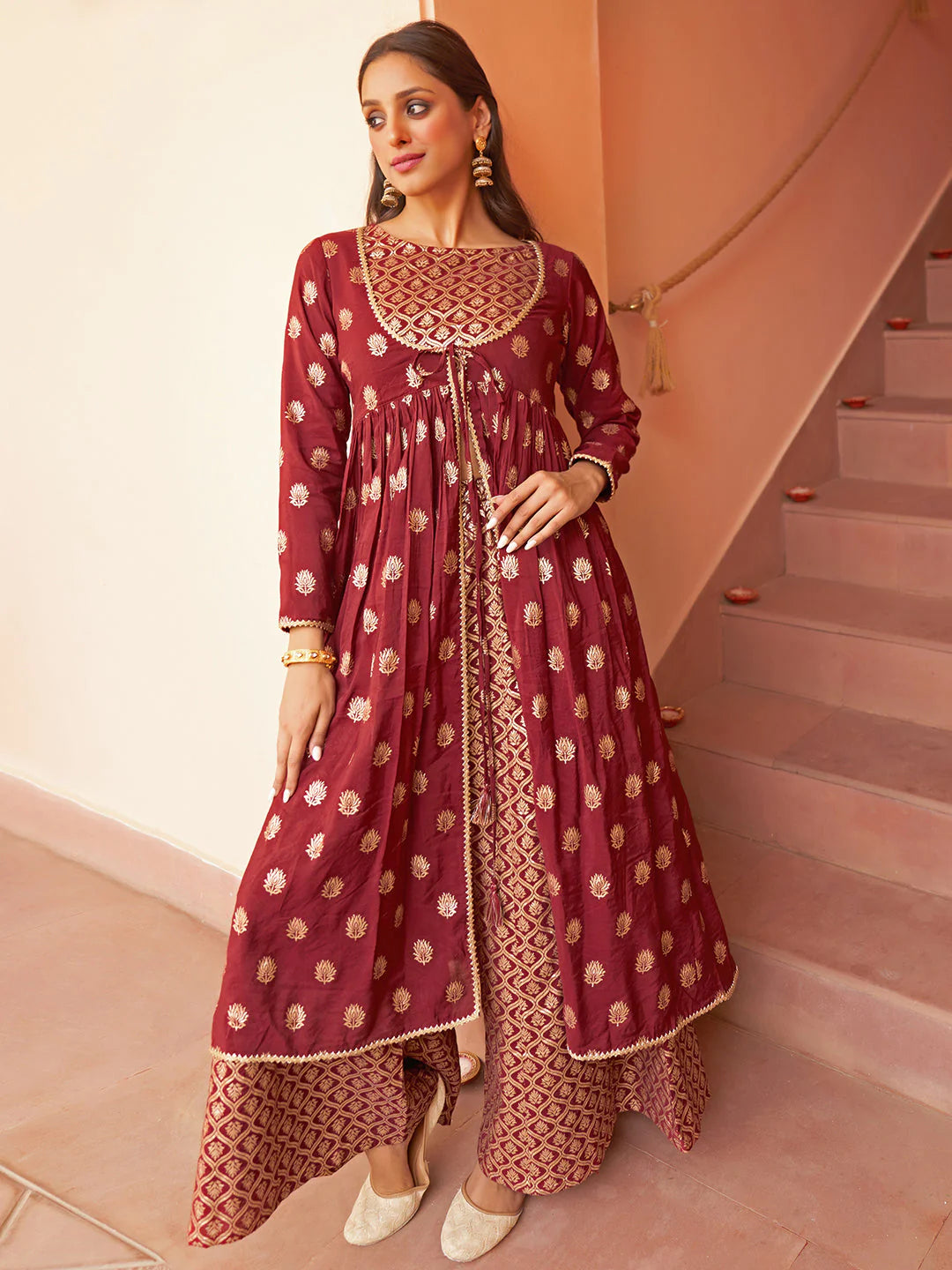 Maroon Brocade Palazzo with Embroidered Jacket and Kurta Set for Women – Festive Ethnic Wear