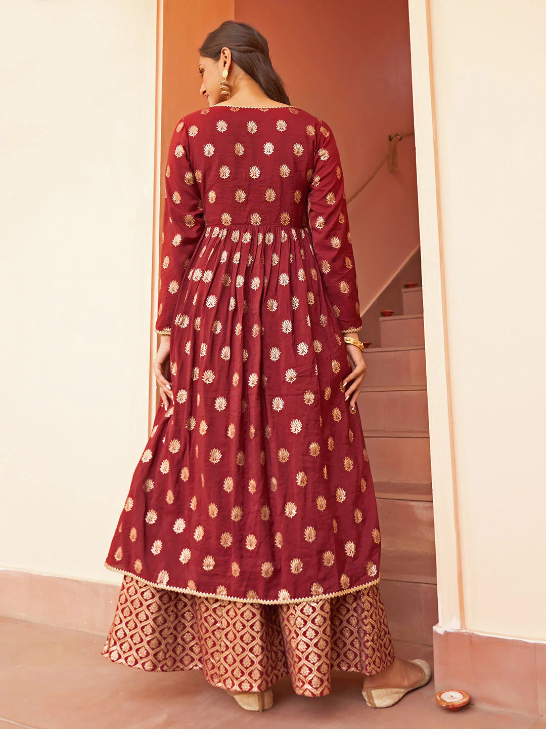 Maroon Brocade Palazzo with Embroidered Jacket and Kurta Set for Women – Festive Ethnic Wear