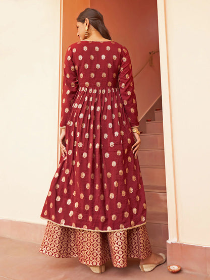 Maroon Brocade Palazzo with Embroidered Jacket and Kurta Set for Women – Festive Ethnic Wear