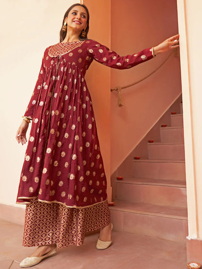 Maroon Brocade Palazzo with Embroidered Jacket and Kurta Set for Women – Festive Ethnic Wear