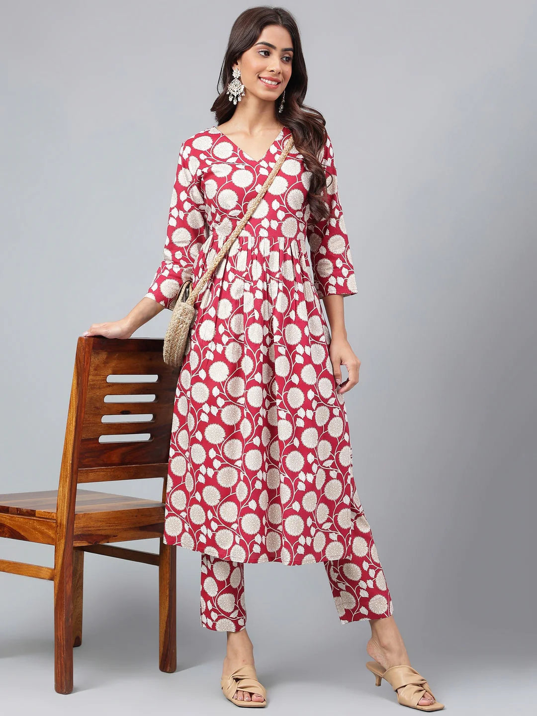 Maroon Cotton Floral Printed Gathered Kurta with Pant for Women