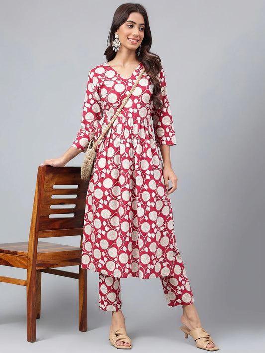 Maroon Cotton Floral Printed Gathered Kurta with Pant for Women