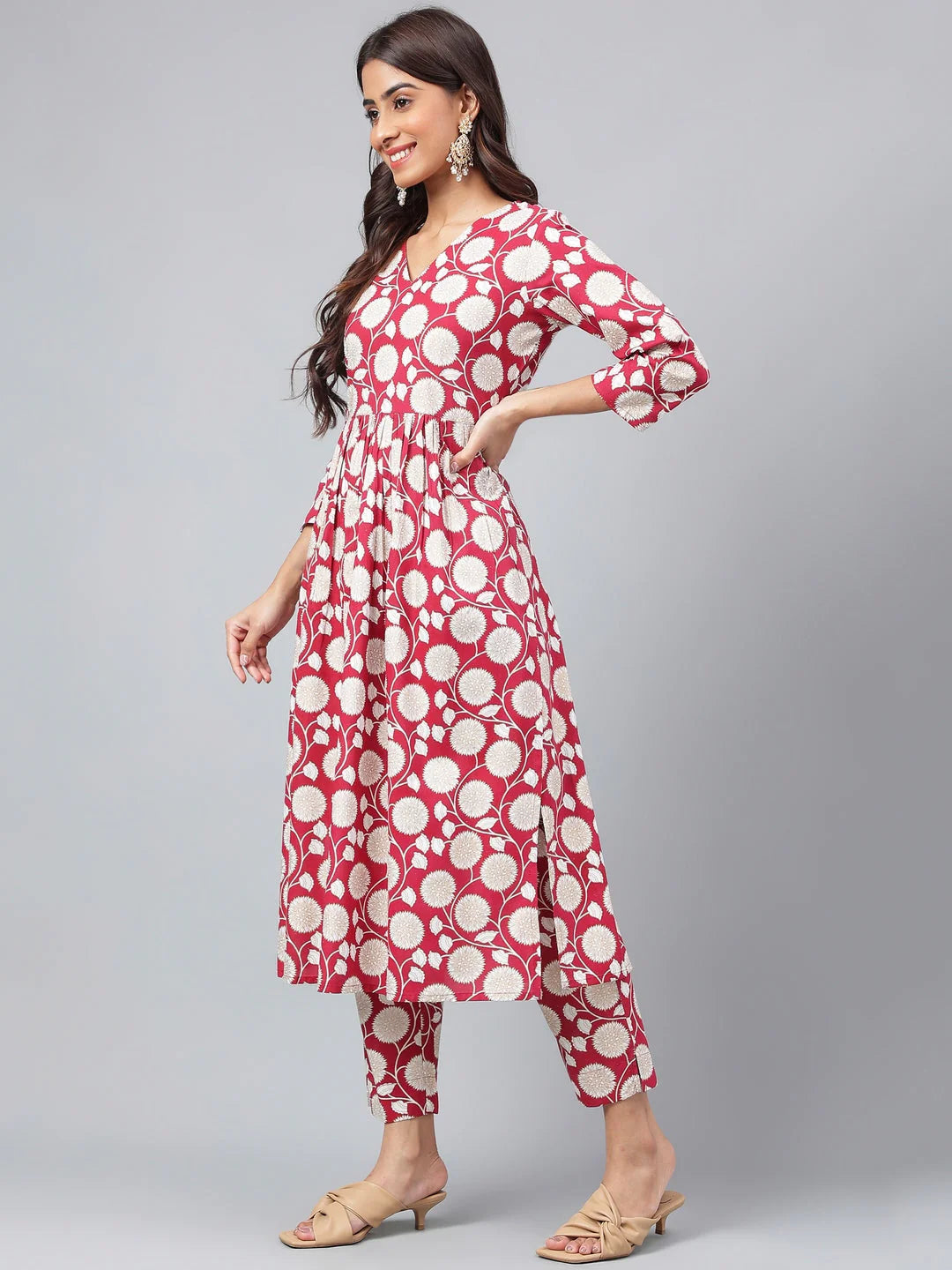 Maroon Cotton Floral Printed Gathered Kurta with Pant for Women
