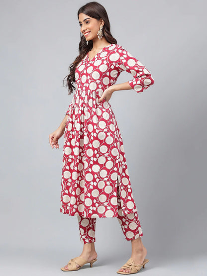 Maroon Cotton Floral Printed Gathered Kurta with Pant for Women