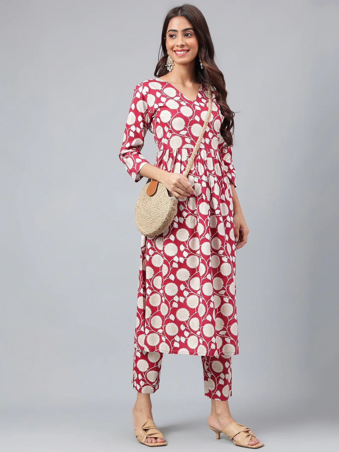 Maroon Cotton Floral Printed Gathered Kurta with Pant for Women