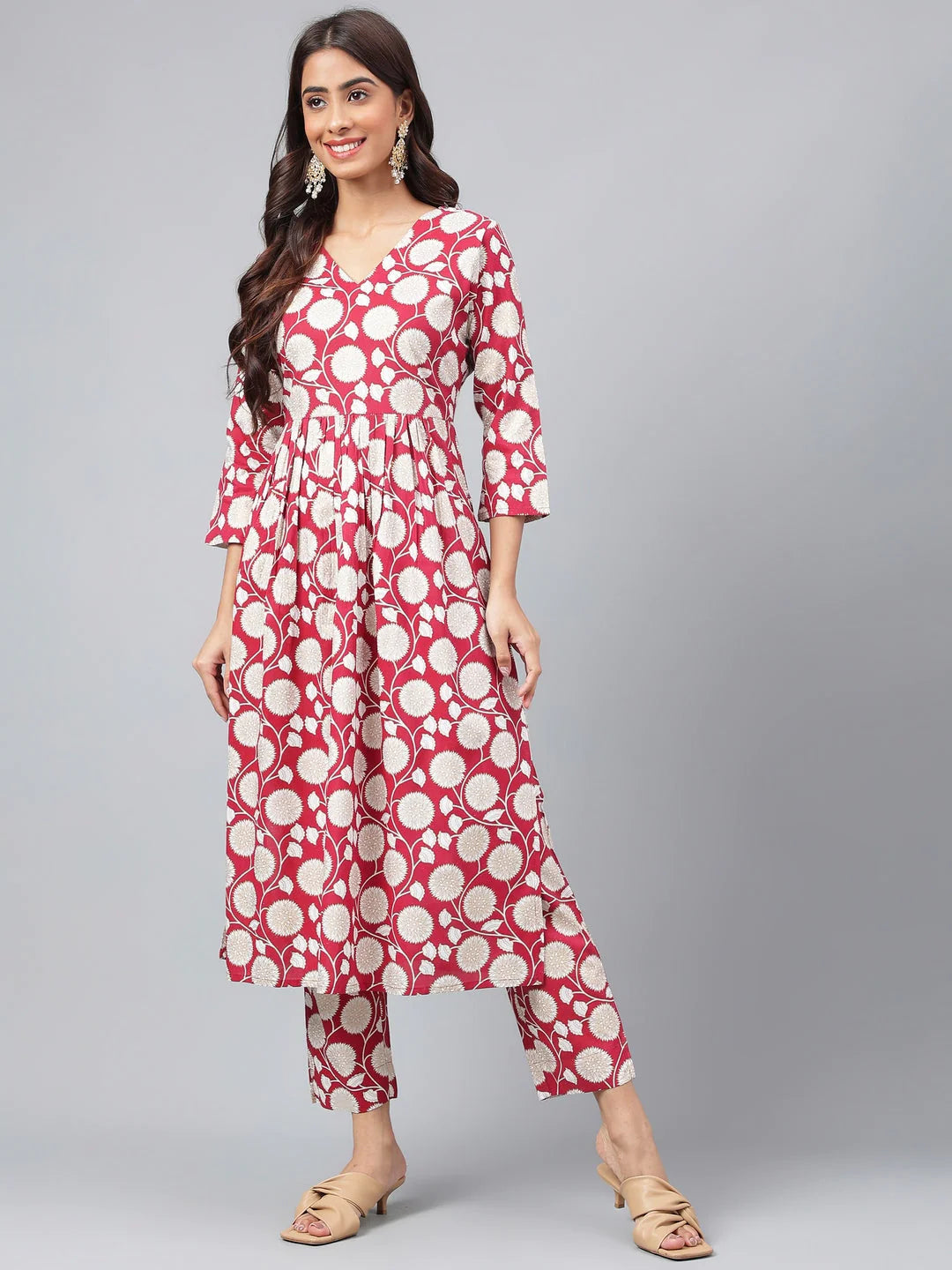 Maroon Cotton Floral Printed Gathered Kurta with Pant for Women