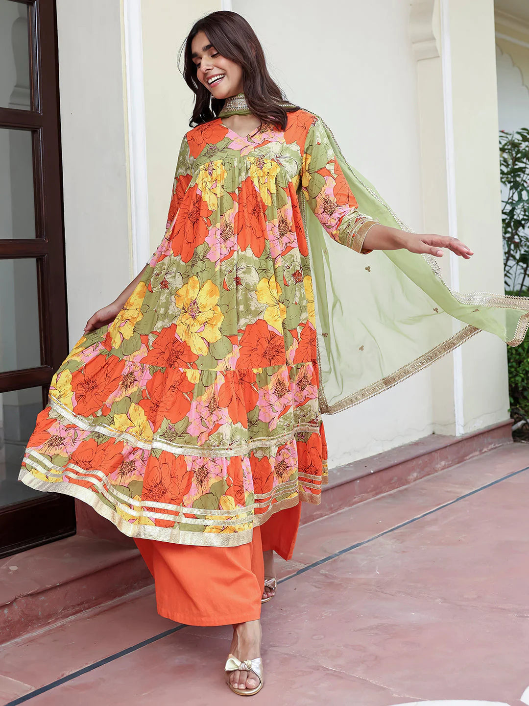 Multicolor Cotton Floral Printed Flared Kurta Palazzo Dupatta Set with Lace Detailing for Women