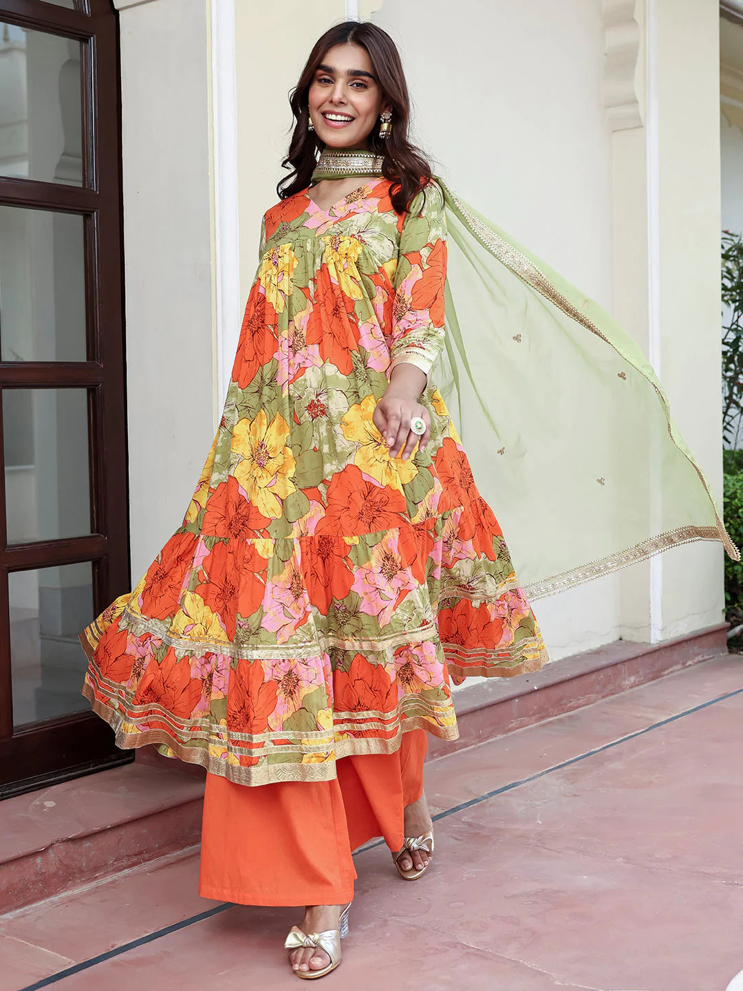 Multicolor Cotton Floral Printed Flared Kurta Palazzo Dupatta Set with Lace Detailing for Women