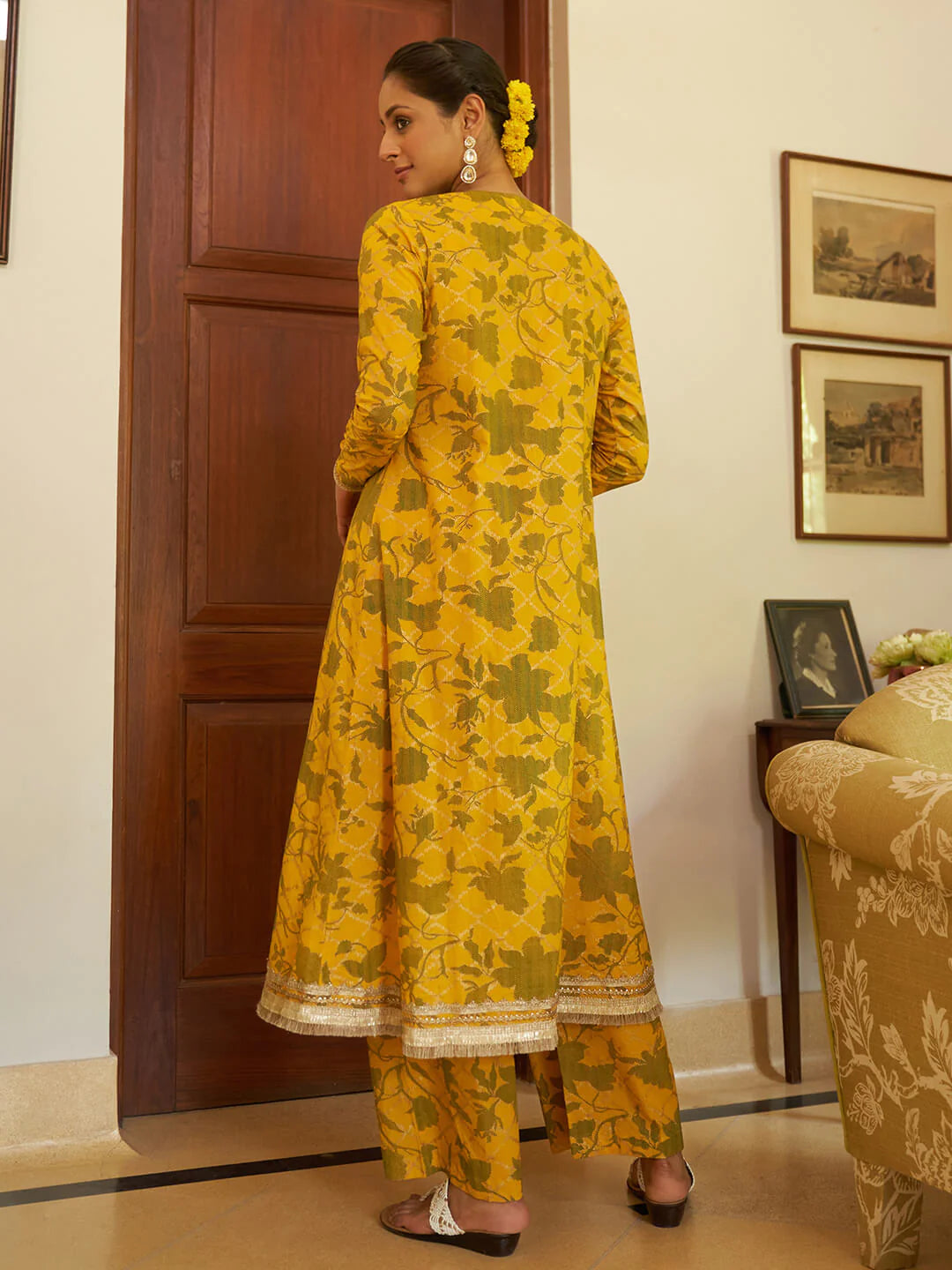 Mustard Cotton Floral Printed Crop Top with Straight Pant and Long Jacket for Women