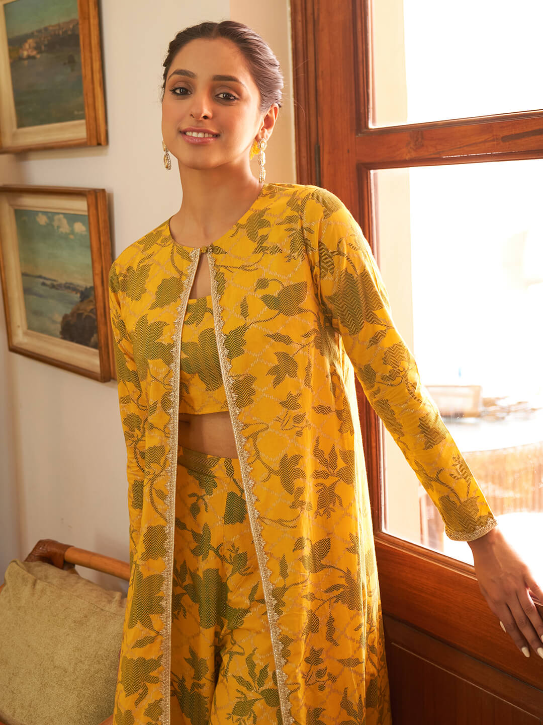 Mustard Cotton Floral Printed Crop Top with Straight Pant and Long Jacket for Women