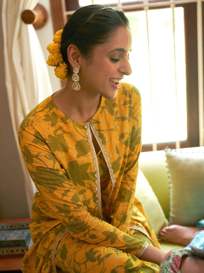 Mustard Cotton Floral Printed Crop Top with Straight Pant and Long Jacket for Women