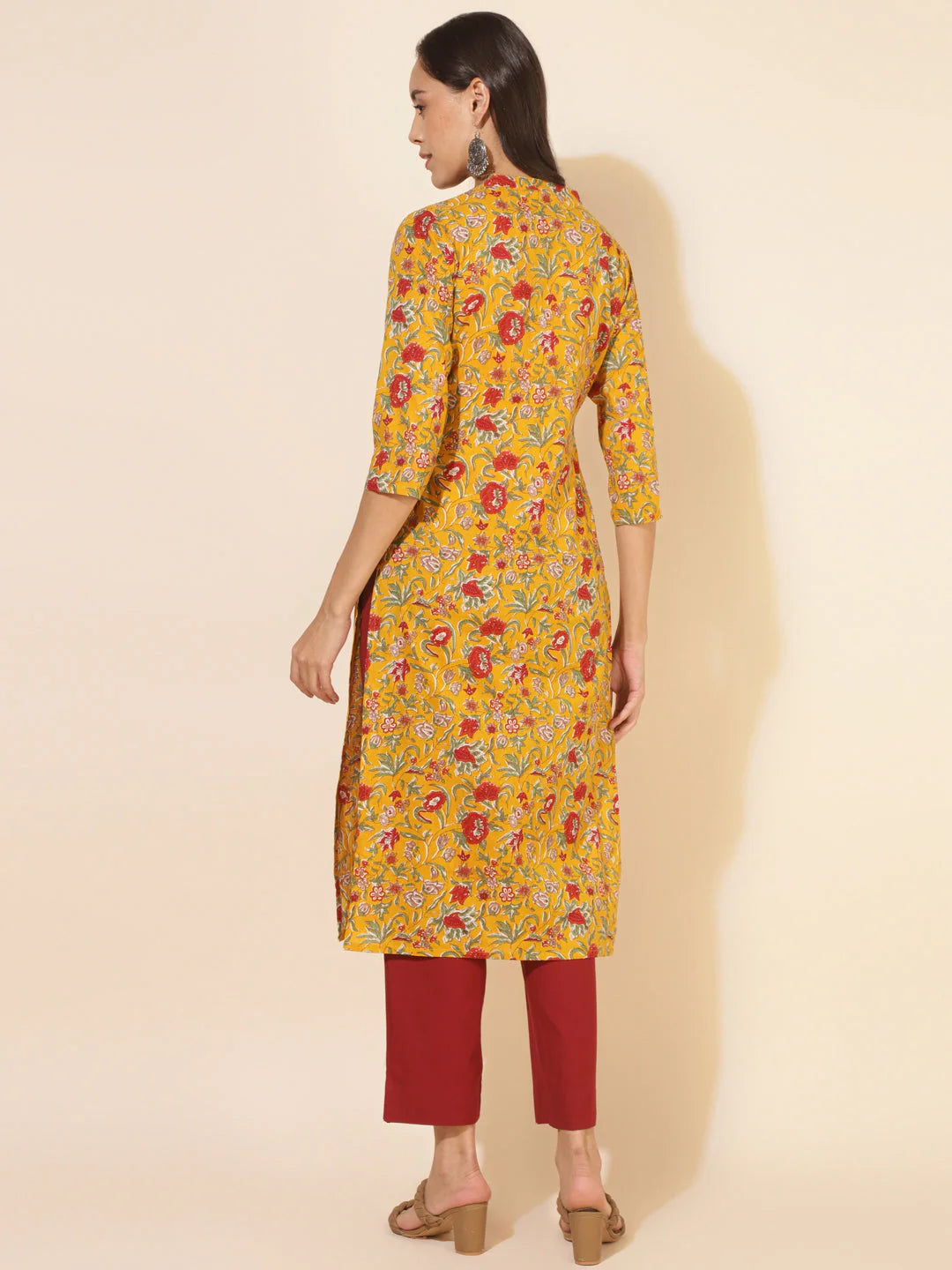 Mustard Cotton Floral Printed Straight Kurti for Women with Notch Neck – Size L