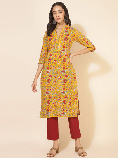 Mustard Cotton Floral Printed Straight Kurti for Women with Notch Neck – Size L