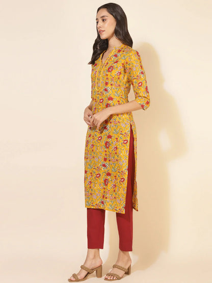 Mustard Cotton Floral Printed Straight Kurti for Women with Notch Neck – Size L