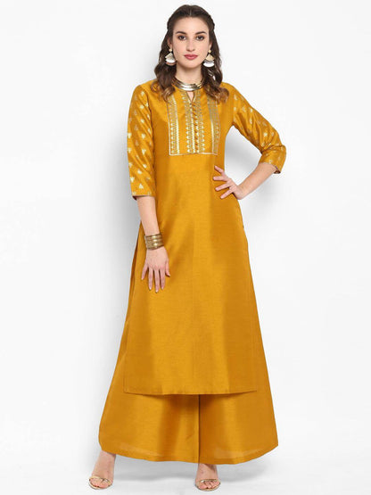 Mustard Poly Silk Kurta Palazzo Set for Women with Foil Print Yoke – Festive Wear Ensemble
