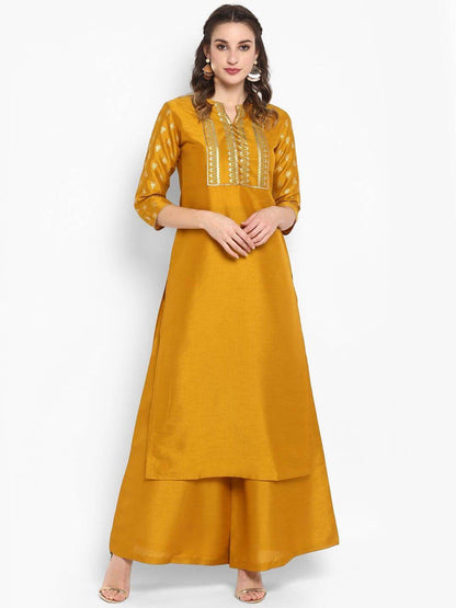 Mustard Poly Silk Kurta Palazzo Set for Women with Foil Print Yoke – Festive Wear Ensemble