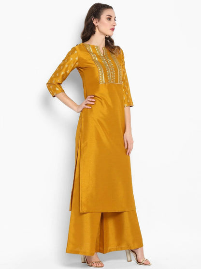 Mustard Poly Silk Kurta Palazzo Set for Women with Foil Print Yoke – Festive Wear Ensemble