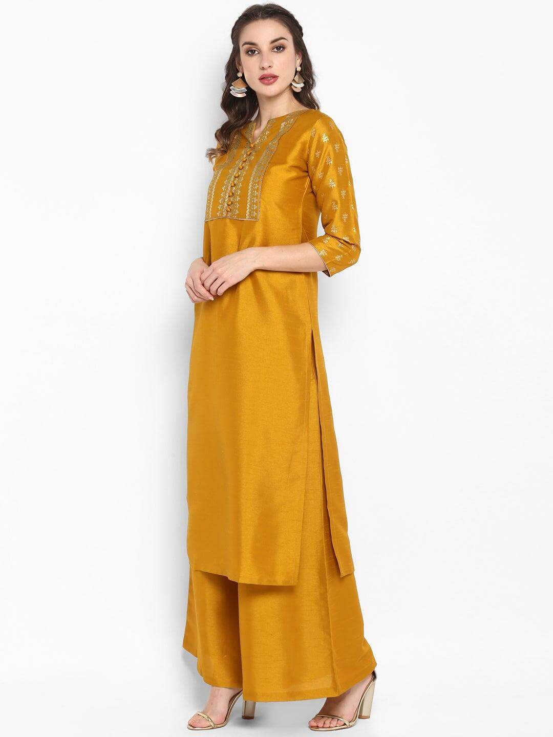 Mustard Poly Silk Kurta Palazzo Set for Women with Foil Print Yoke – Festive Wear Ensemble