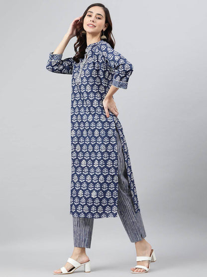 Blue Cotton Printed and Embroidered Kurta Pant Set for Women – Straight Fit, Daily Wear