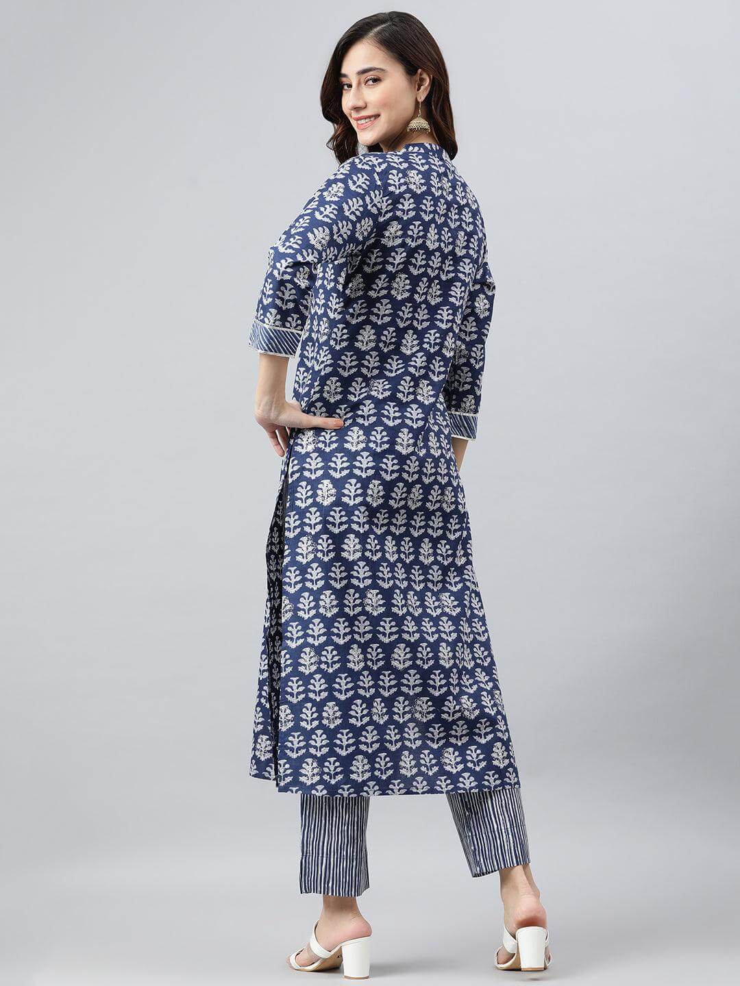 Blue Cotton Printed and Embroidered Kurta Pant Set for Women – Straight Fit, Daily Wear