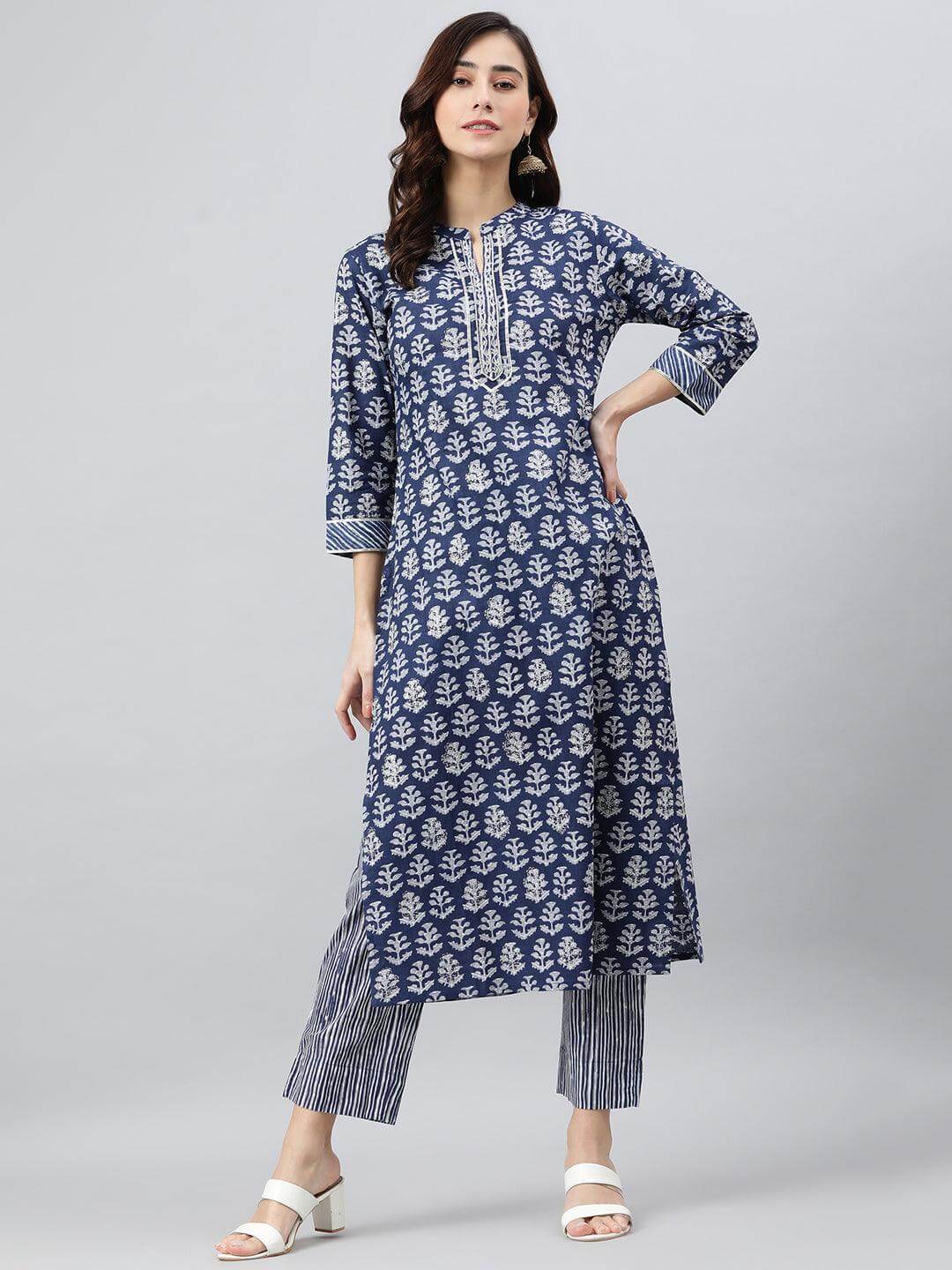 Blue Cotton Printed and Embroidered Kurta Pant Set for Women – Straight Fit, Daily Wear