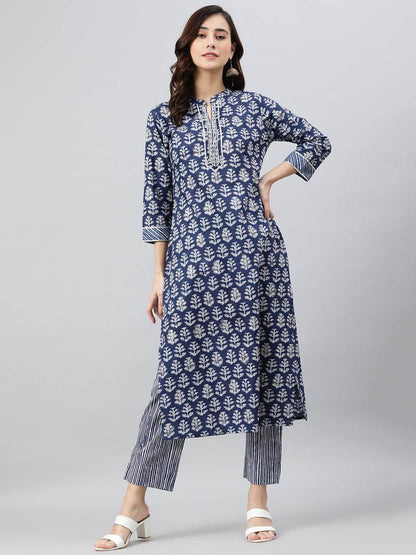 Blue Cotton Printed and Embroidered Kurta Pant Set for Women – Straight Fit, Daily Wear