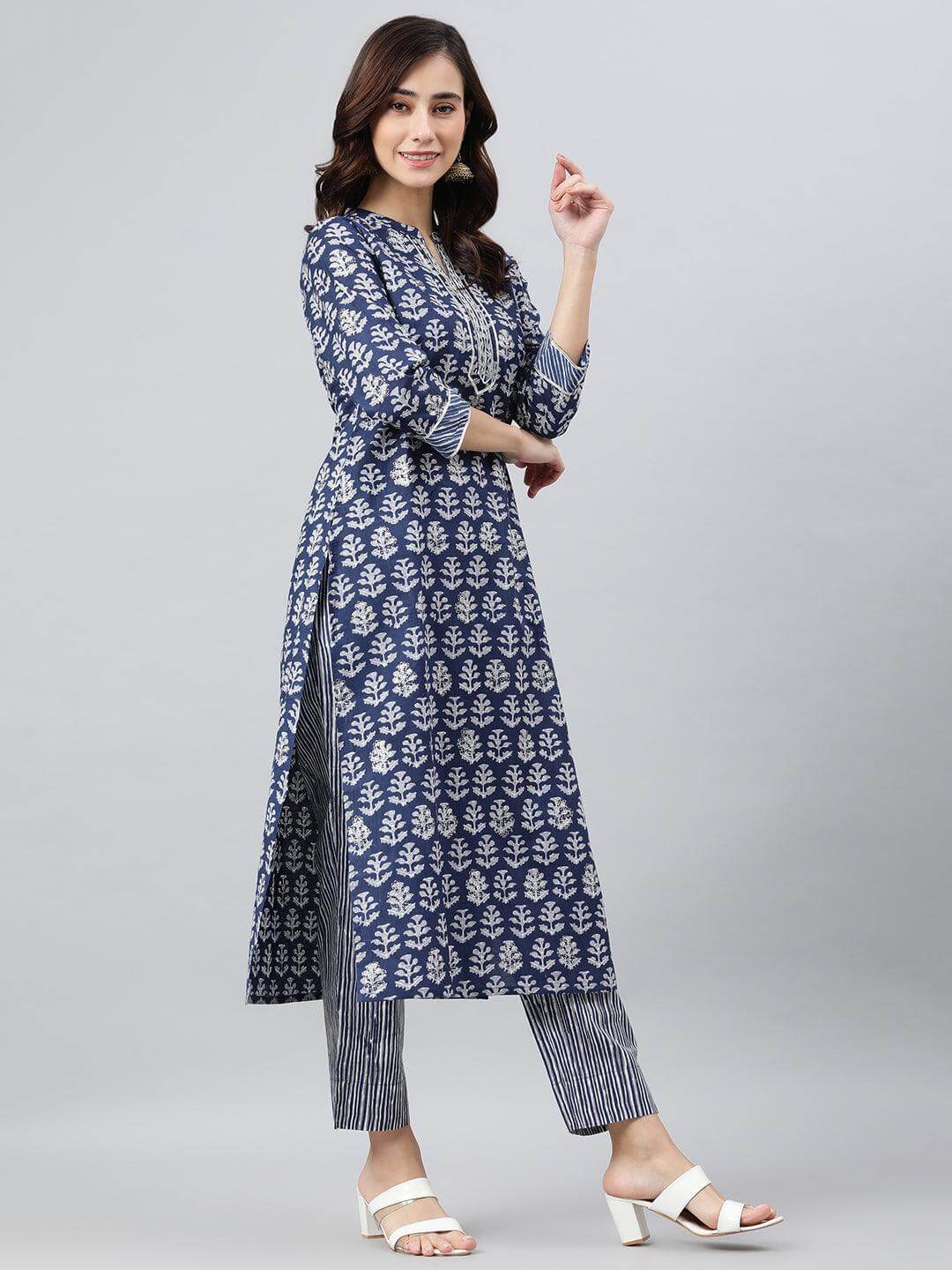 Blue Cotton Printed and Embroidered Kurta Pant Set for Women – Straight Fit, Daily Wear