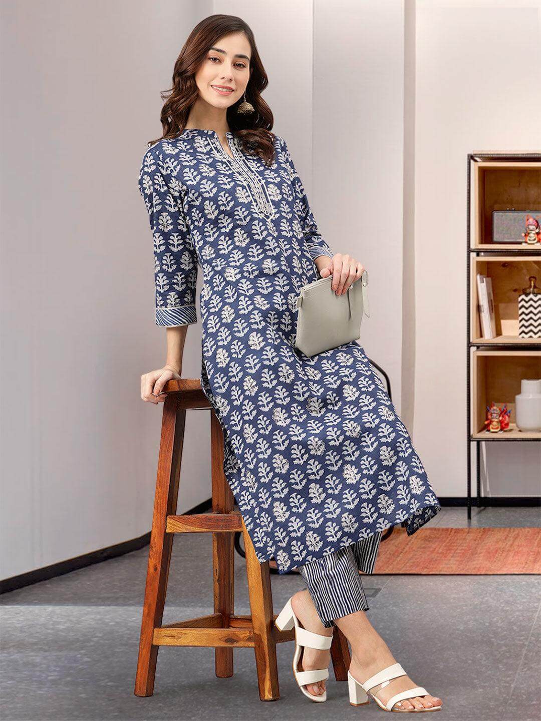 Blue Cotton Printed and Embroidered Kurta Pant Set for Women – Straight Fit, Daily Wear