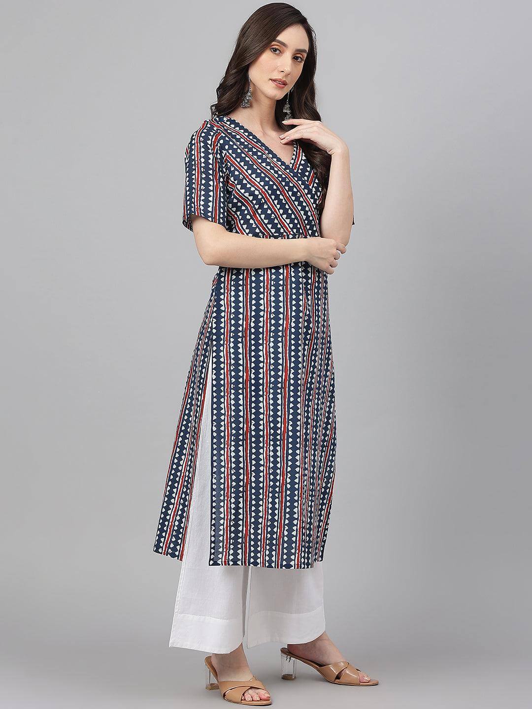 Navy Blue Cotton Geometric Printed Straight Kurta for Women – XL to 3XL