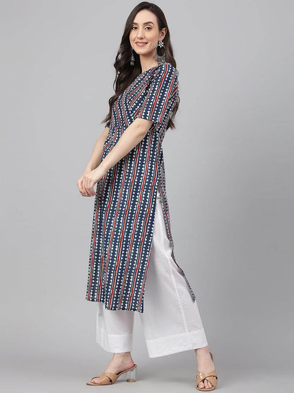 Navy Blue Cotton Geometric Printed Straight Kurta for Women – XL to 3XL