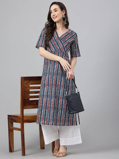 Navy Blue Cotton Geometric Printed Straight Kurta for Women – XL to 3XL