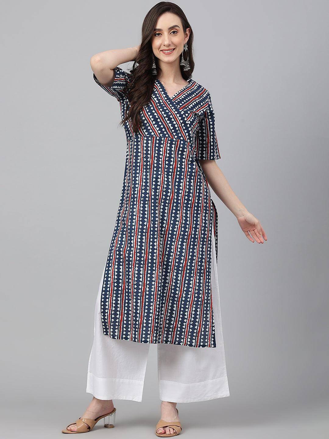 Navy Blue Cotton Geometric Printed Straight Kurta for Women – XL to 3XL