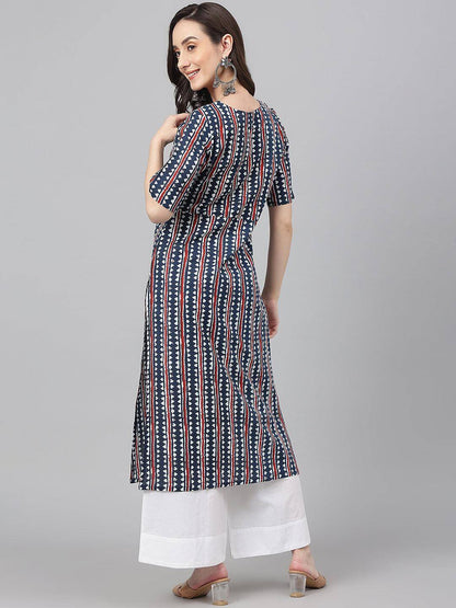 Navy Blue Cotton Geometric Printed Straight Kurta for Women – XL to 3XL