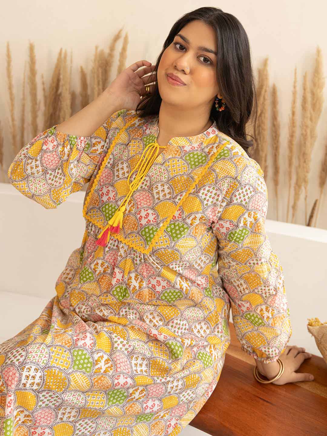 Plus Size Multicolor Cotton Ethnic Motifs A-Line Kurta – 3XL to 5XL