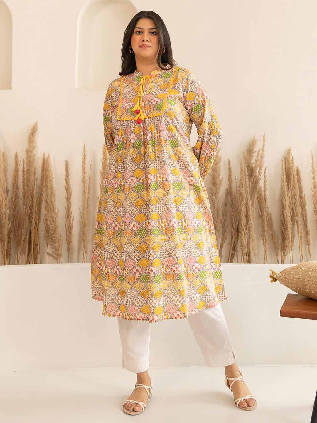 Plus Size Multicolor Cotton Ethnic Motifs A-Line Kurta – 3XL to 5XL